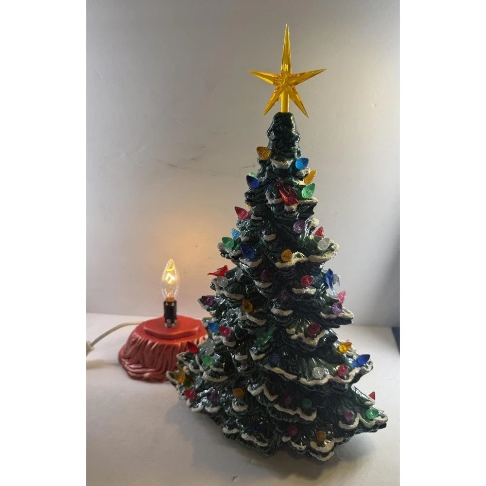 Vintage 1987 Lighted Ceramic Christmas Tree Snow Flocked Multi Color Bird Bulbs
